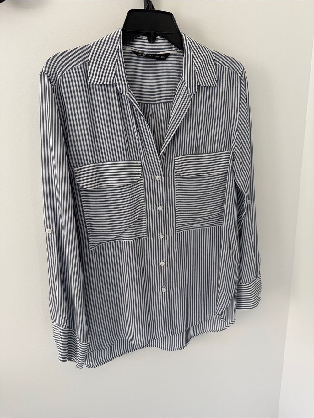 Zara Blue and White Striped Button-Front silky Shirt